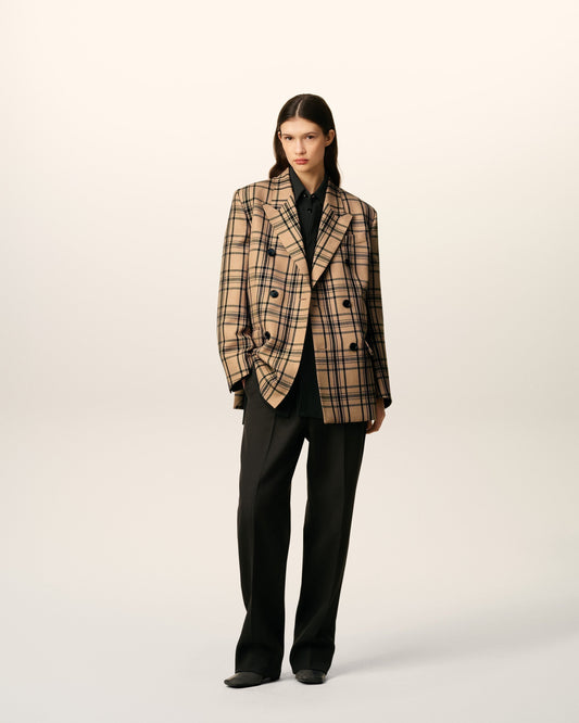 Brown Wool Checked Loose Double Breasted Jacket