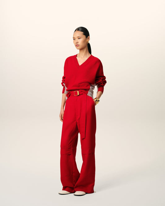 Red Wool Knit Bicolor V Neck Sweater