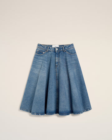 Blue Cotton Midi Skirt With Godets