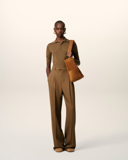 Brown Wool High Waist Tabs Wide Trousers