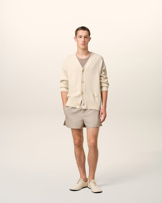 Beige Cotton Wool Ami Embroidered Cardigan