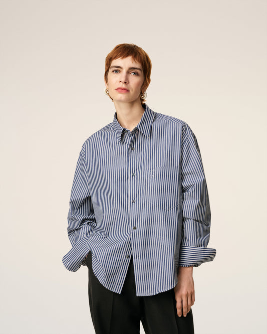 Blue Cotton Embossed Striped Ami De Coeur Boxy Shirt