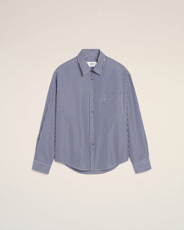 Blue Cotton Embossed Striped Ami De Coeur Boxy Shirt